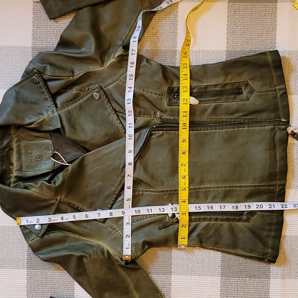 MAXSTUDIO Washed Olive Faux Leather Moto Jacket Size XS - Picture 12 of 14